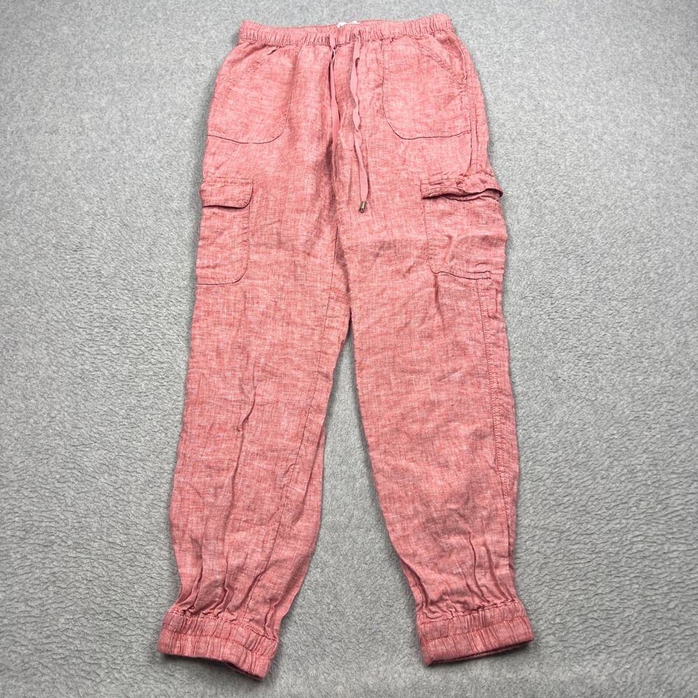 Nicole Miller Cargo Joggers Womens Small Pink 100% Linen Stretch Beach Pants